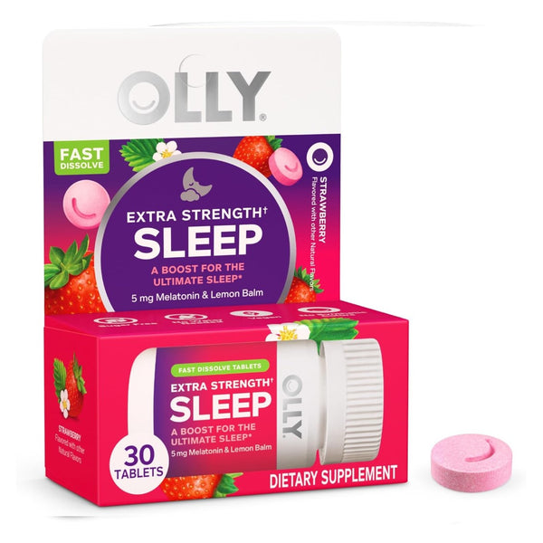 OLLY Extra Strength Sleep Fast Dissolve Tablets, 5mg Melatonin, Vegan, Strawberry - 30ct